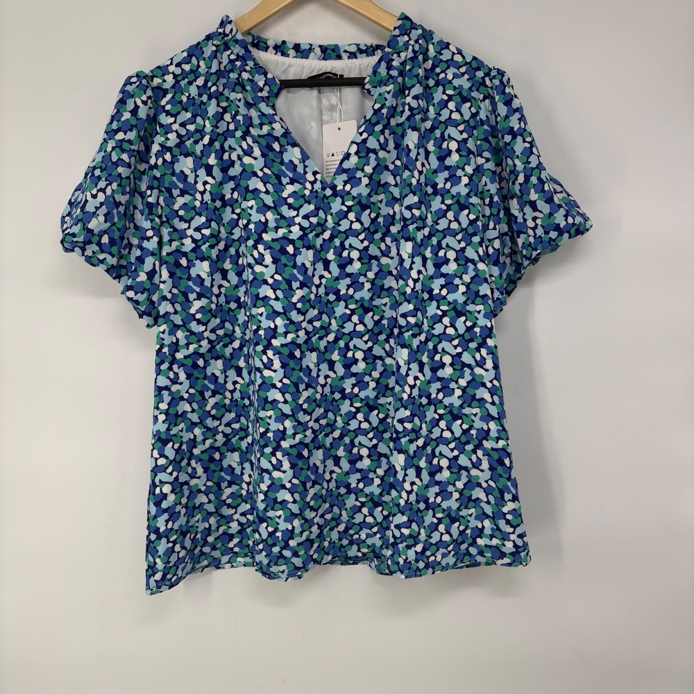 Mascomoda Womens XXL Blue Green Abstract‎ Pebble Print V-Neck Puff Sleeve Blouse